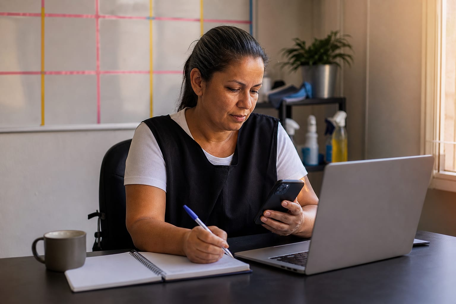 Dona de agência de limpeza organiza a escala da semana com caderno, celular e notebook em um escritório pequeno