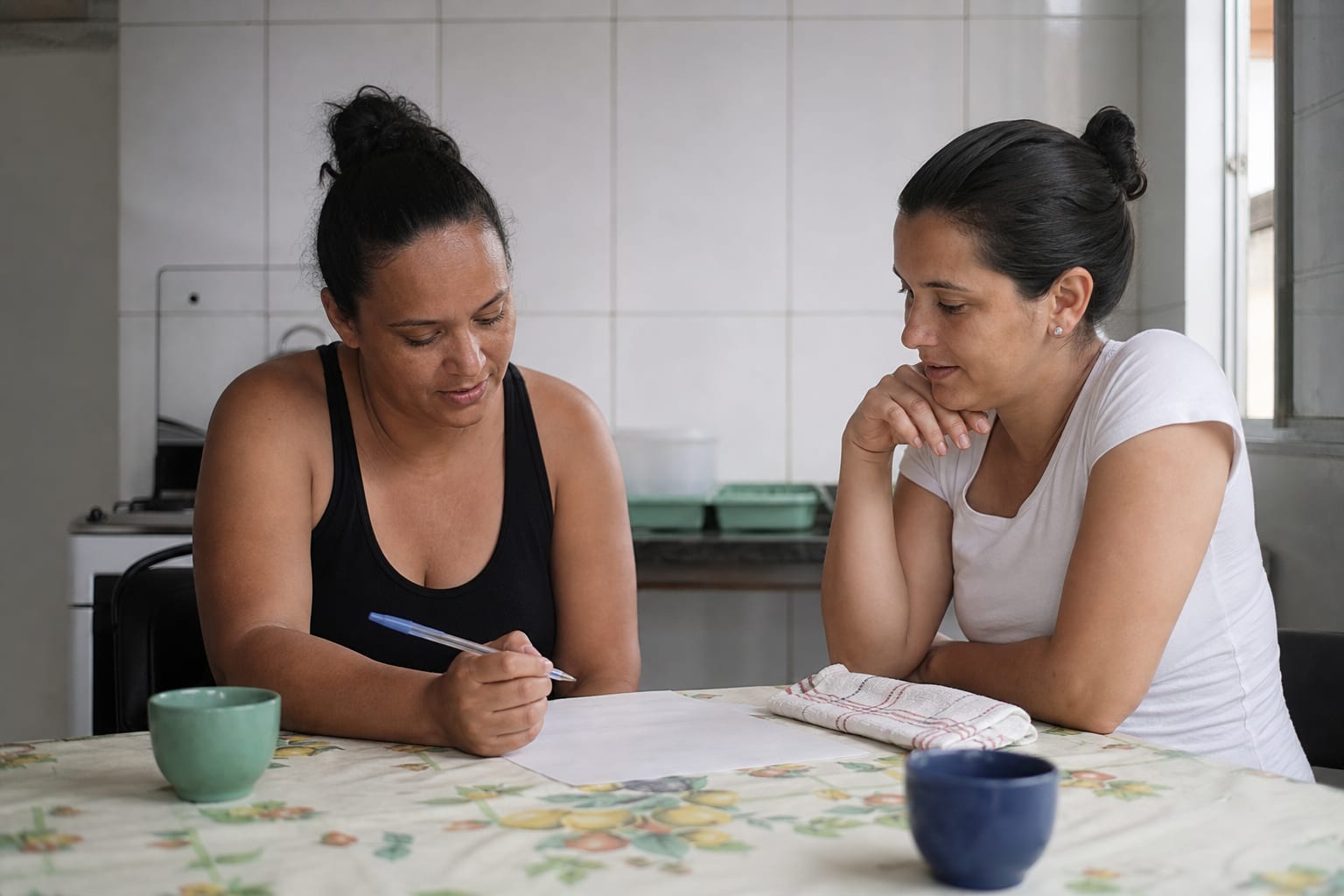 Duas mulheres conversando à mesa da cozinha sobre um documento de prestação de serviço