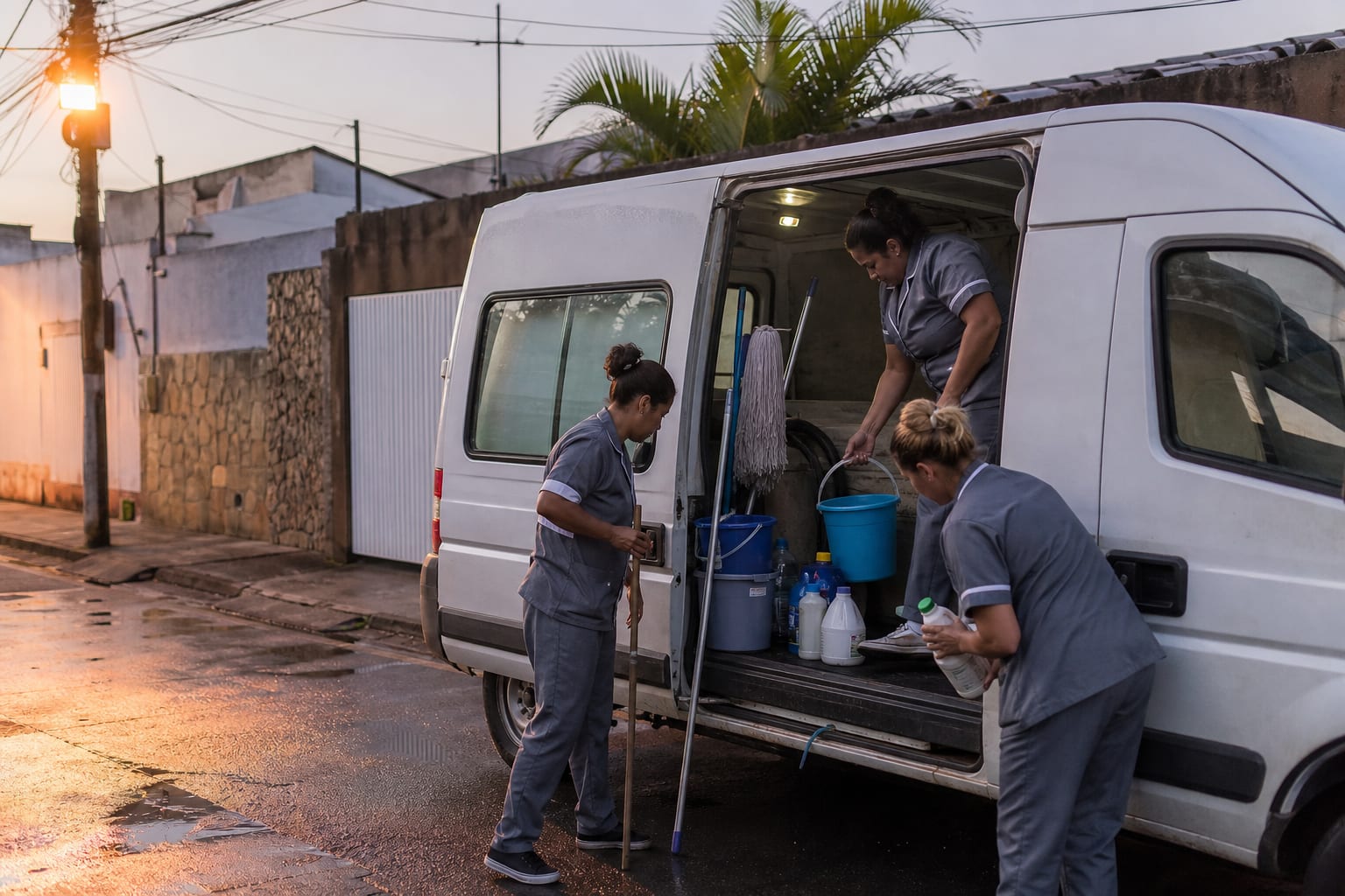 Equipe de limpeza organiza materiais na van estacionada em rua residencial no início da manhã