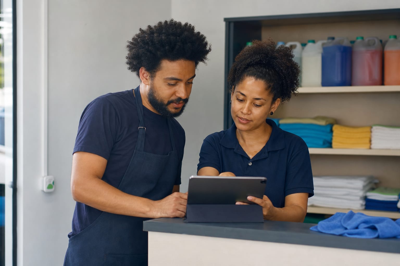 Duas pessoas avaliam um sistema em um tablet no balcão de uma pequena empresa de limpeza